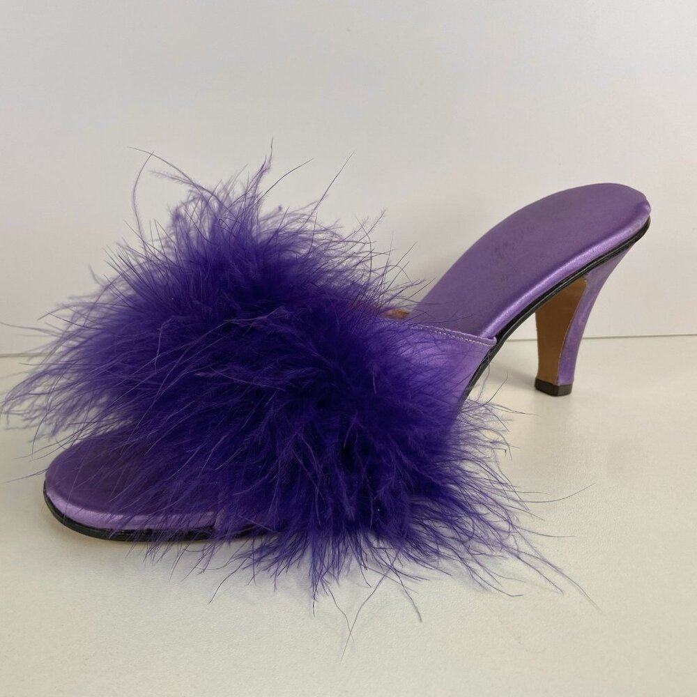 Vtg 50s 60s Marabou Feather Satin Boudoir Heels Sz 6.5-7 Peep Toe Sandals Pin Up